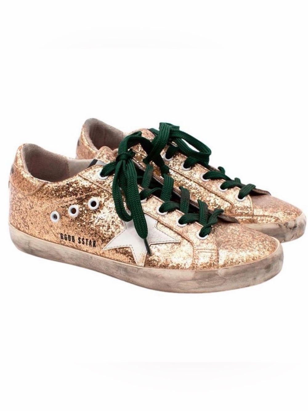 GOLDEN GOOSE Glitter Super Star Sneakers in Gold with Green laces